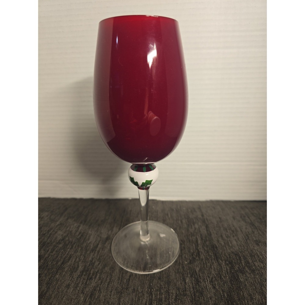 Holiday Hand Painted Cranberry Red Wine Glass Christmas Holly Stem 9 Inch